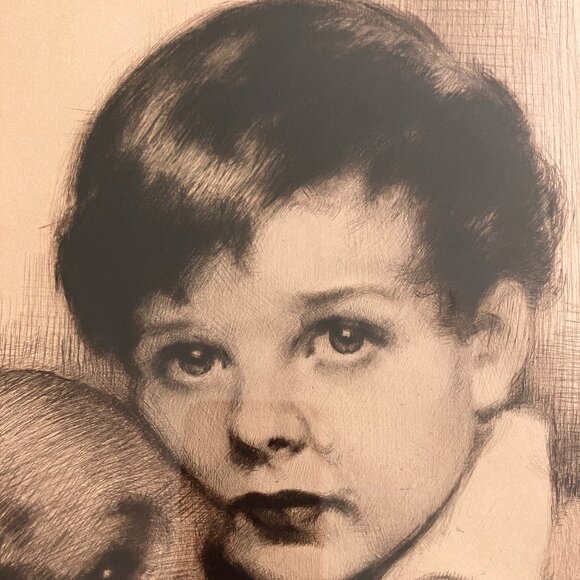 J. Knowles Hare Signed Etching "Sympathy" Boy and Dog Irish Setter or Retriever - Picture 3 of 10